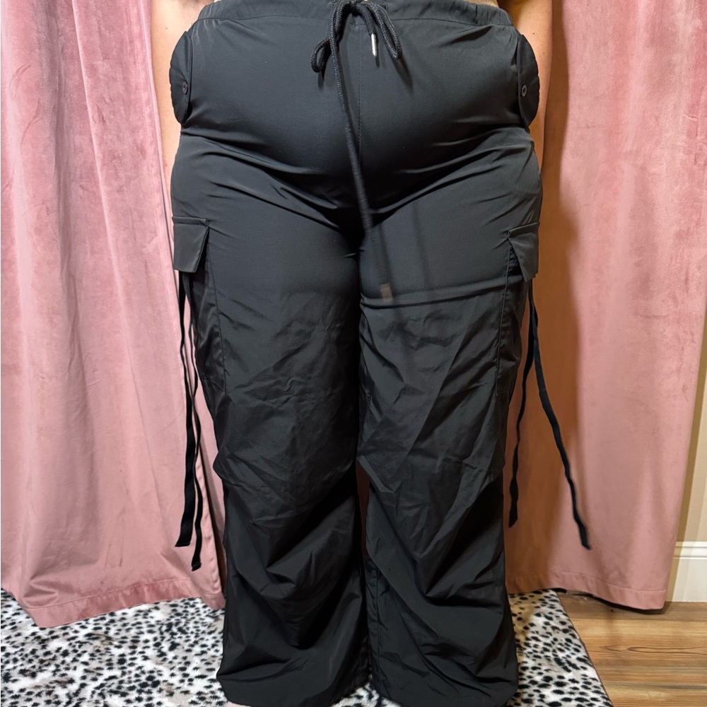 Black Wide-Leg Cargo Drawstring Pants